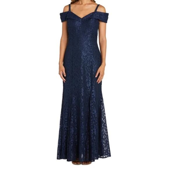 R&M Richards Off The Shoulder Lace Maxi Dress Gown Navy Blue 14 - Picture 1 of 10